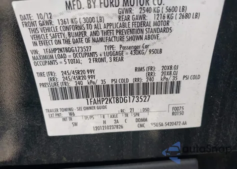 2013 Ford Taurus Sho z USA, uszkodzony, nr VIN 1FAHP2KT8DG173527